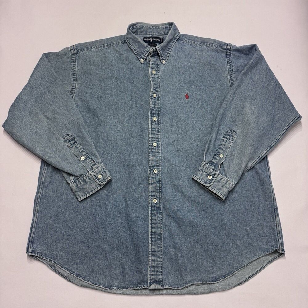Vintage Ralph Lauren Blaire Mens XL Blue Denim Cotton Button-Down Pony Shirt